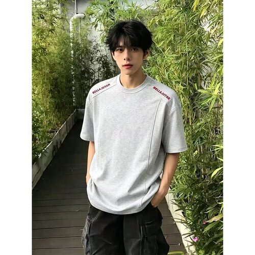 美式刺绣正肩短袖男款夏季boxy重磅设计感拼接cleanfit小领口t恤