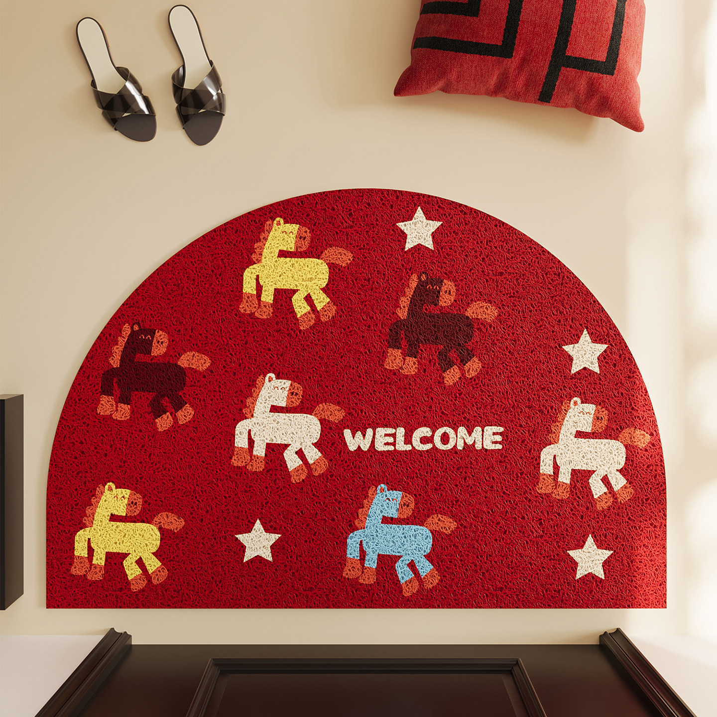 半圆卡通小马脚垫丝圈入户门地垫玄关大门口防滑除尘新年门垫地毯,居家布艺,入户地垫,淘宝优惠券,粉丝福利购,淘宝优惠卷