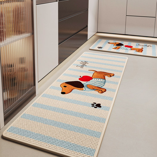 厨房地垫卡通腊肠狗仿编织亚麻吸水速干地毯家用耐磨耐脏专用脚垫