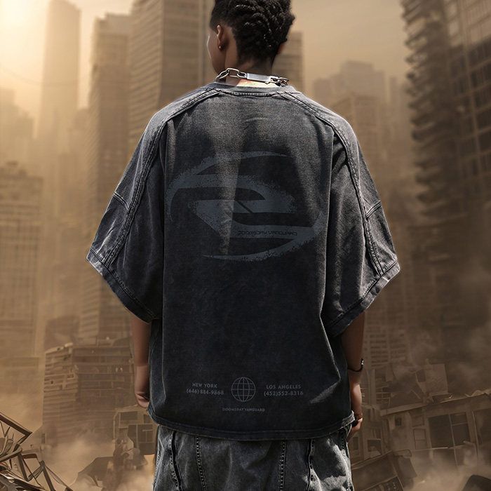 宽松裁剪中袖T恤原创蝙蝠袖做旧