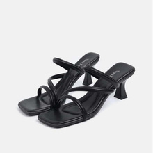 NAAI EEN丨黑色法式小凉拖女外穿露趾方头舒适软底高跟凉拖鞋