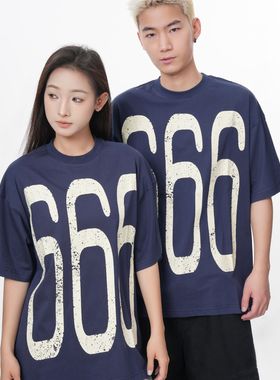 SKG 恶魔666圆领美式撞色做旧春夏季情侣街头宽松短袖男女重磅T恤