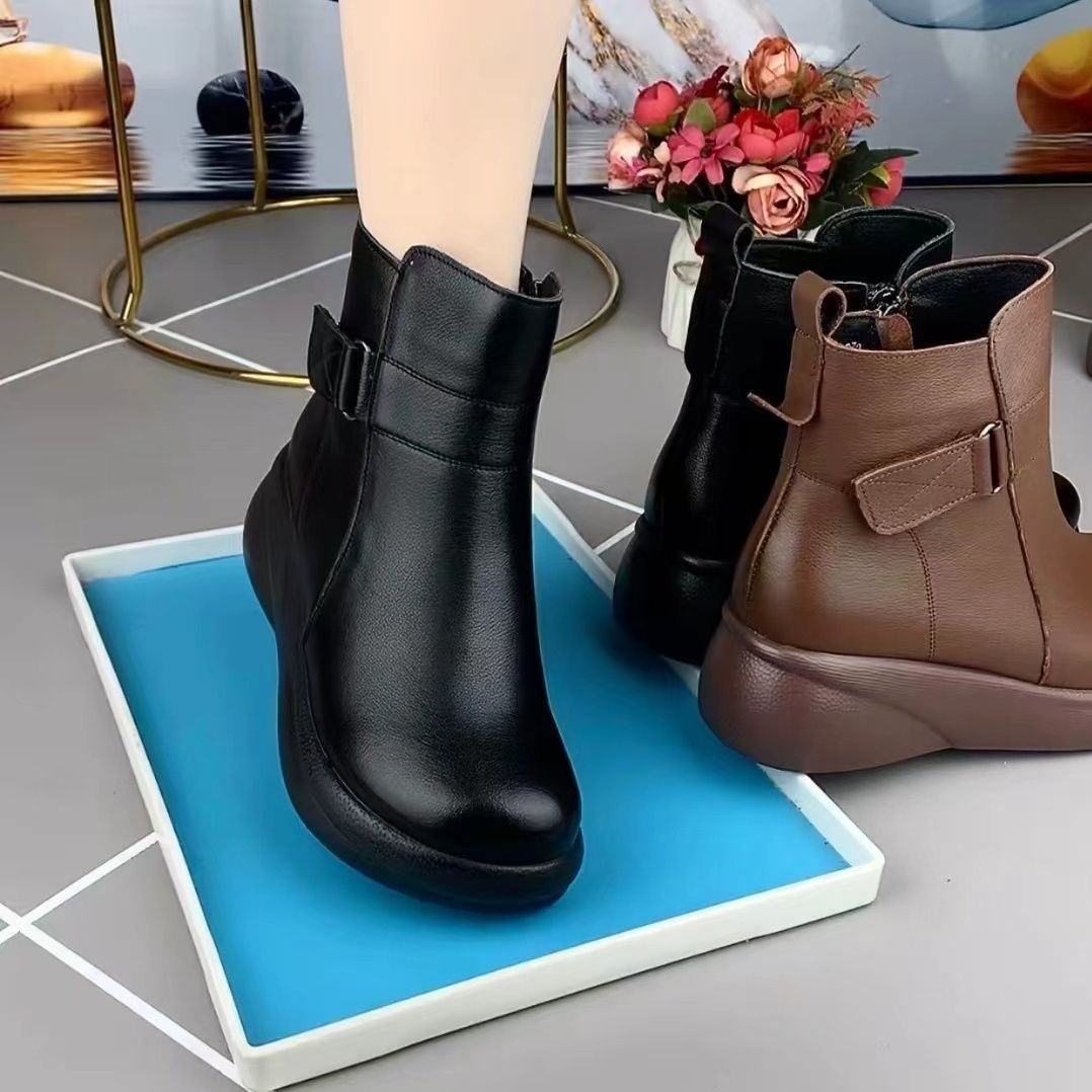 2024秋冬真软皮厚底松糕短筒靴子民族风单靴女士高跟复古女靴