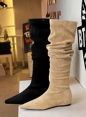 8288过膝长靴女长筒侧拉链褶皱堆堆靴瘦瘦靴内平底高筒骑士靴