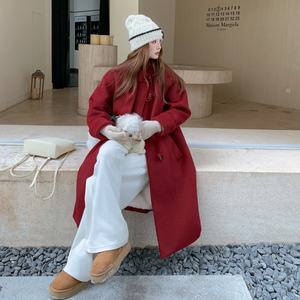 红色高级感牛角扣双面羊绒呢子大衣女秋冬2025新款赫本风毛呢外套图片