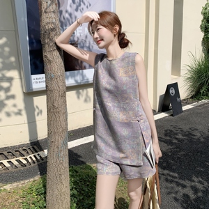 紫色复古气质印花盘扣无袖背心套装女2025夏季新款休闲短裤两件套图片
