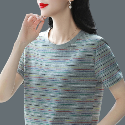 夏季百搭圆领短袖T恤宽松休闲时尚减龄纯棉中年小衫上衣显瘦妈妈