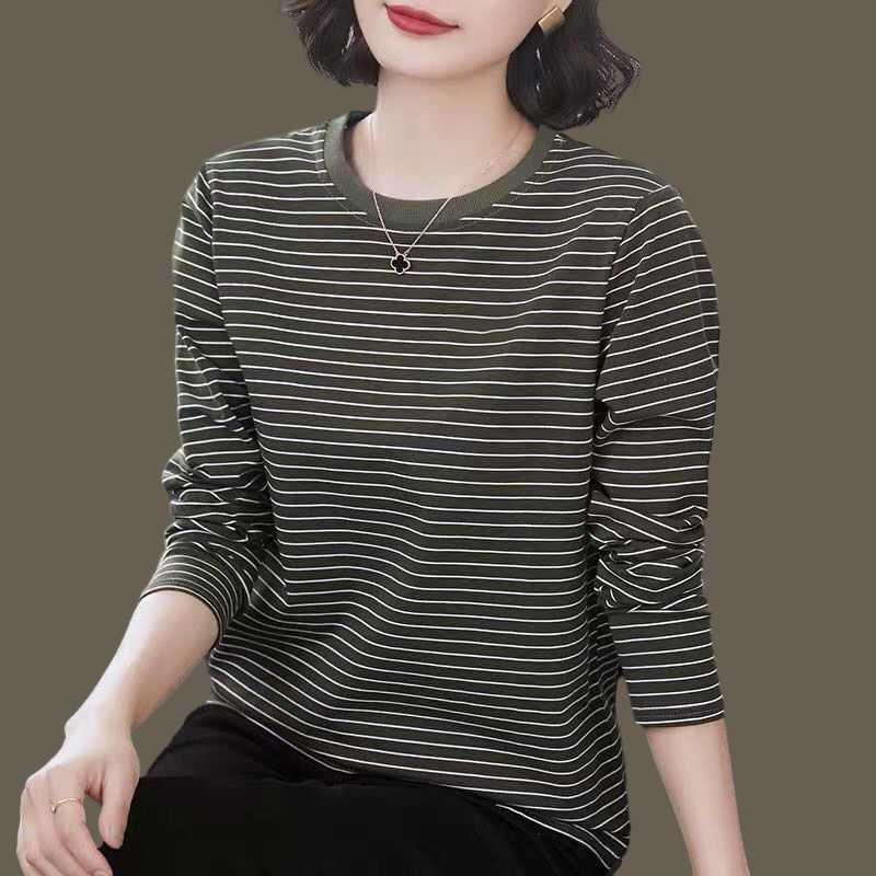 春秋季新款妈妈打底衫长袖t恤女装宽松大码纯棉上衣条纹外穿秋衣