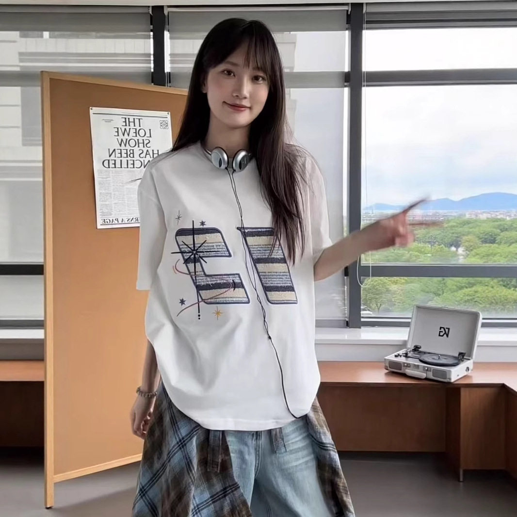 美式复古贴布植绒刺绣纯棉短袖t恤女夏季设计感小众潮牌宽松上衣