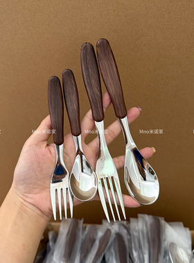 米诺家18/10不锈钢儿童餐具仿木纹手柄餐勺宝宝辅食勺吃饭喂养勺