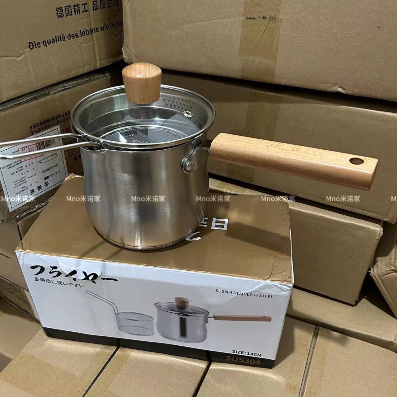 米诺家304不锈钢日式油炸锅 家用带滤网加厚防溅省油炸串加深奶锅