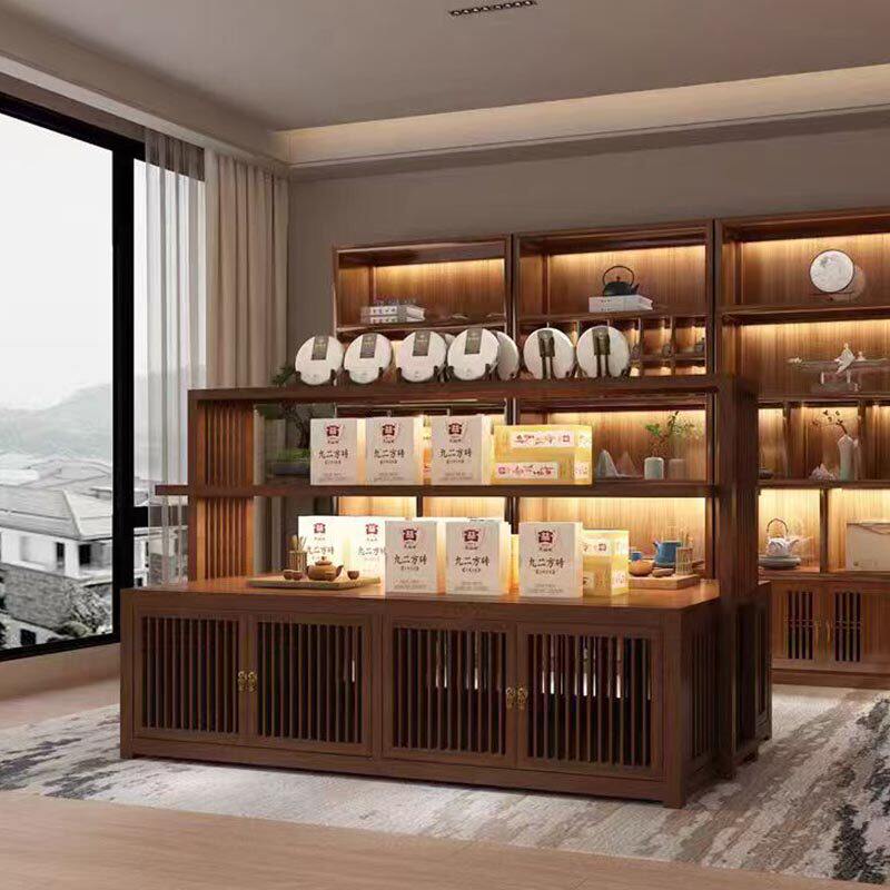 新中式茶叶中岛柜茶盘中岛台茶具展示架实木展厅流水台禅意展示柜