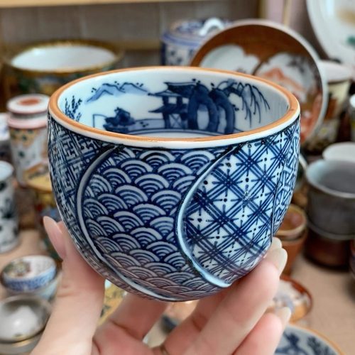 古清水烧 巨匠 平安三乐 手绘青花祥瑞山水 主人杯