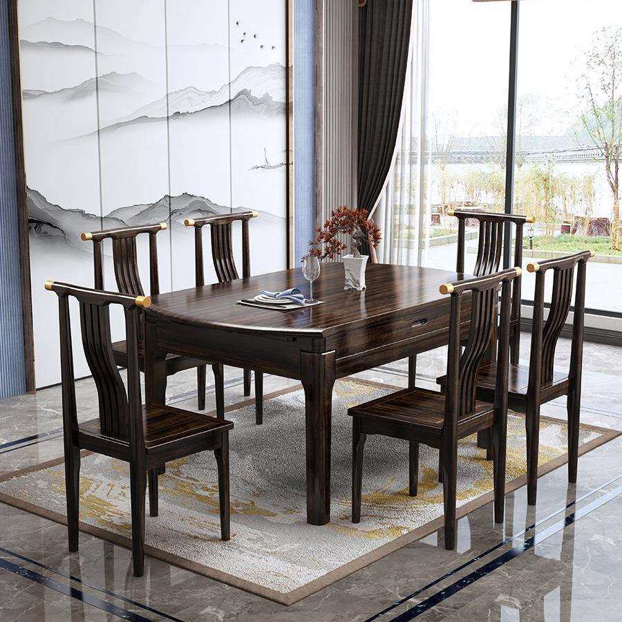 乌金木新中式实木餐桌椅伸缩折叠现代简约家用圆形饭桌子可变圆桌