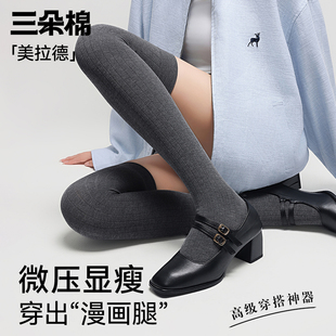 压力小腿袜女春秋季 强压瘦腿竖条过膝袜长筒灰色jk格雷系配小皮鞋