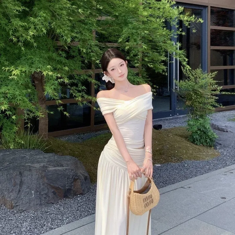 韩系法式一字领露肩上衣搭配半身裙女夏季时尚气质纯欲风长裙套装