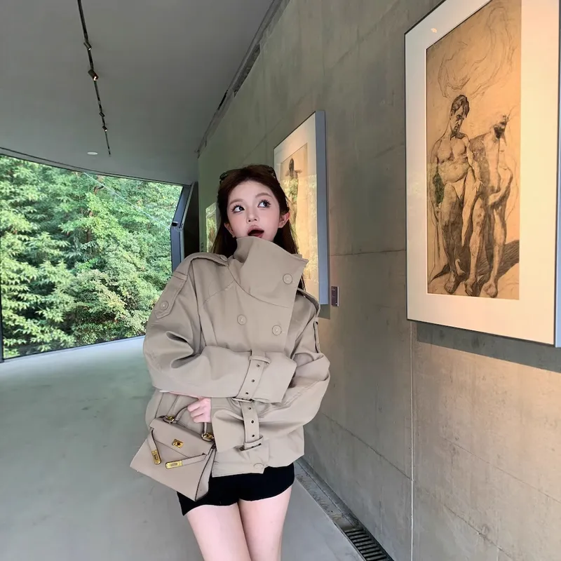 双排扣卡其色立领长袖风衣外套女秋季高级感宽松休闲气质开衫上衣