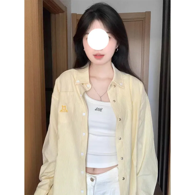 美式复古黄色条纹Polo领衬衫外套女春秋宽松休闲长袖衬衣外搭上衣