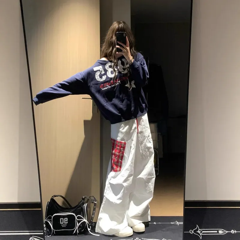 美式复古高街格子拼接白色工装裤子女秋季2025新款宽松直筒阔腿裤