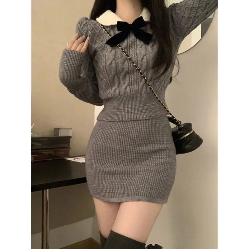 【质量】毛衣针织连衣裙两件套装女秋冬法式感小个子包臀裙