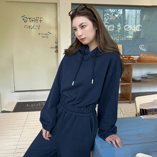 韩国chic小众百搭长袖短款束腰连帽卫衣女松紧高腰长裤运动套装潮