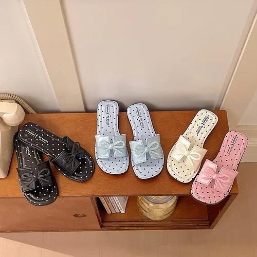 外贸夏季新款低跟凉拖鞋波点一字粗跟时尚方头露趾拖鞋女鞋