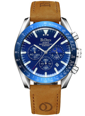 品牌BIDEN男腕表多功能六针石英表牛皮表带男士计时夜光手表