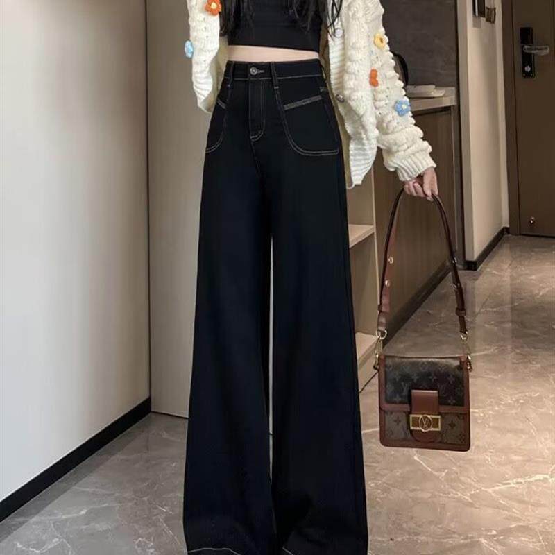 直筒牛仔裤女薄款夏季2026年新款阔腿时尚潮流设计感显瘦黑色裤子