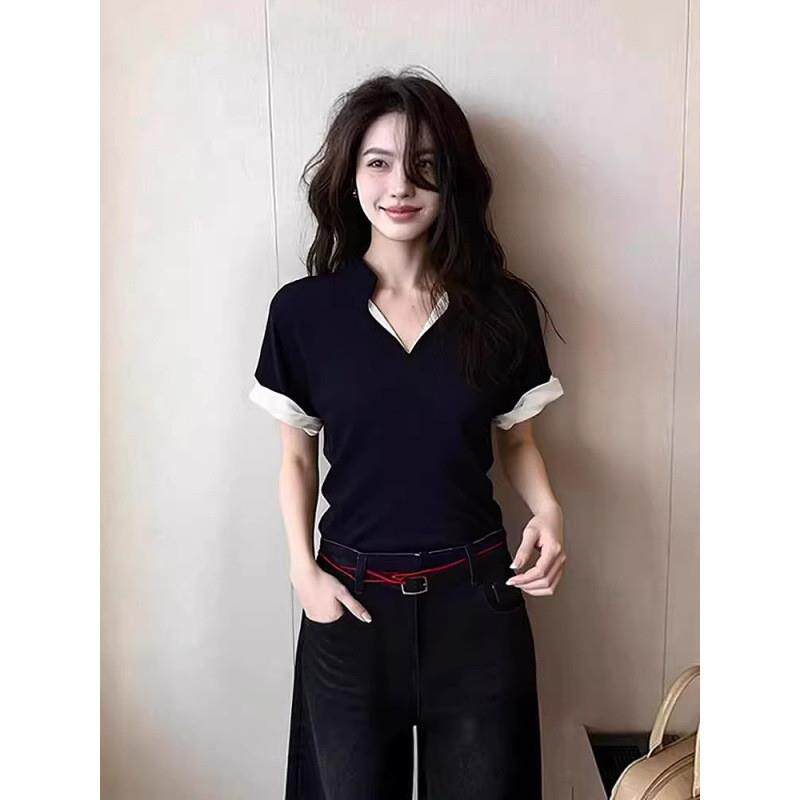 黑色V领正肩短袖T恤女夏季女装2026新款夏日ootd穿搭韩系漂亮上衣