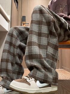 春秋季棕色格子裤子男士宽松胖子加肥特大码阔腿裤毛呢子休闲长裤