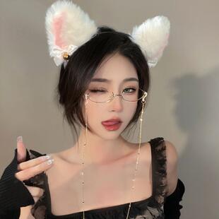 t网红下半框眼镜女纯欲风无镜片挂脖链镜架链条装饰直播眼镜框链