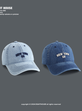 经典NEWYORK牛仔蓝棒球帽男女日系水洗复古做旧软顶鸭舌帽显脸小