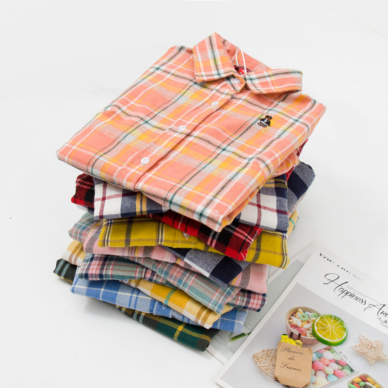 【品牌特】2023新春刺绣小熊格子衬衫学生纯棉磨毛修身女长袖小码