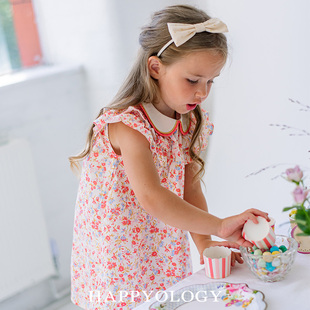 happyology英国女童木耳边飞袖撞色领连衣裙婴幼儿洋气翻领碎花裙