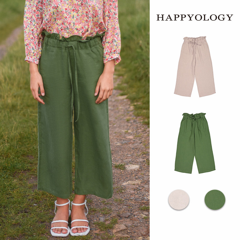 Happyology英国女装春季新款直筒亚麻裤子七分裤宽松系带休闲裤女