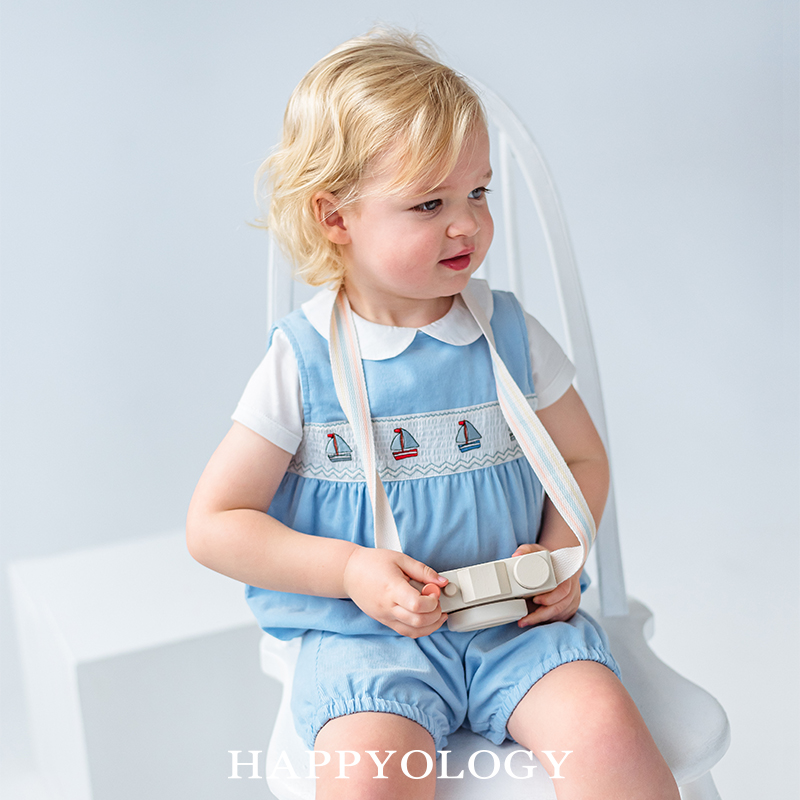 Happyology英国男女宝宝夏季休闲司马克打揽连体衣两件套纯棉套装