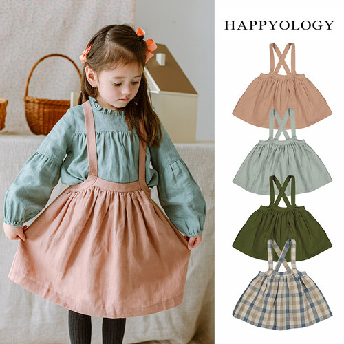 Happyology英国秋装大童装半身裙亚麻裙子背带裙儿童格纹女童短裙