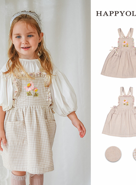 Happyology英国女童背带裙春季新品格纹绣花儿童裙亚麻宝宝连衣裙