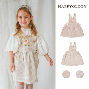 Happyology英国女童背带裙春季新品格纹绣花儿童裙亚麻宝宝连衣裙