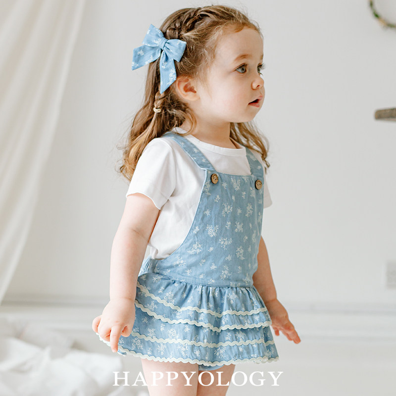 Happyology英国女童春夏两件套装多层木耳边裙摆儿童有机棉连体衣