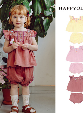 Happyology英国儿童绣花女童镂空春夏新品宝宝上衣小花边飞袖套装
