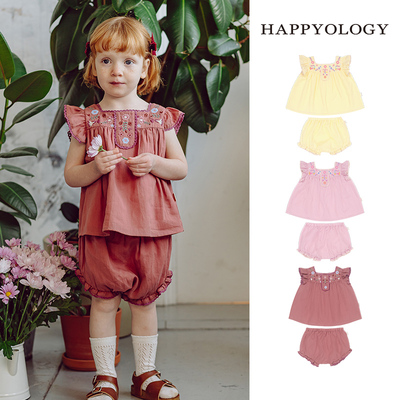 Happyology英国儿童绣花女童镂空春夏新品宝宝上衣小花边飞袖套装