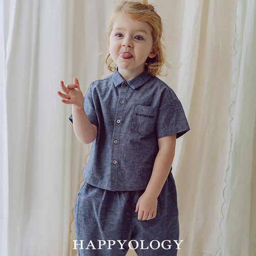 Happyology英国儿童春夏装新款衬衣男童绣花翻领上衣女童短袖衬衫