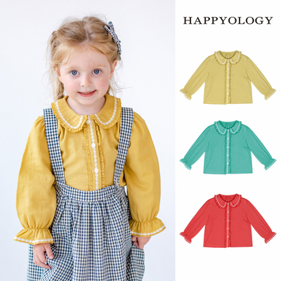Happyology英国儿童衬衣女童秋装上衣童装长袖木耳边娃娃领衬衫