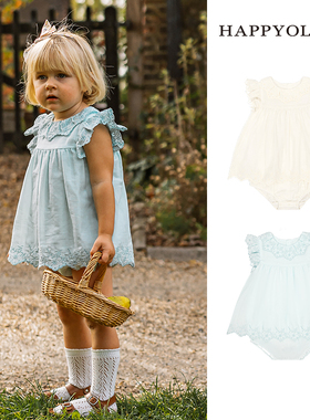 Happyology英国儿童春夏绣花女童小飞袖婴幼儿新品宝宝短袖连体衣