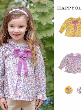 Happyology英国女童碎花衬衫花边领儿童秋季装上衣童装有机棉衬衣