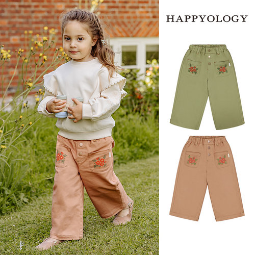 Happyology英国儿童秋冬绣花长裤女童童装裤装新款十字绣直筒裤子