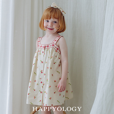 Happyology英国儿童撞色刺绣裙子女童春夏新品绣花童装背带连衣裙