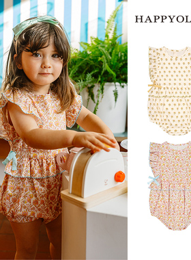 Happyology英国儿童新品春夏圆领撞色婴幼儿蝴蝶结连体衣宝宝爬服