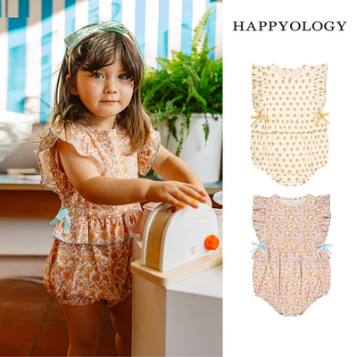 Happyology英国儿童新品春夏圆领撞色婴幼儿蝴蝶结连体衣宝宝爬服